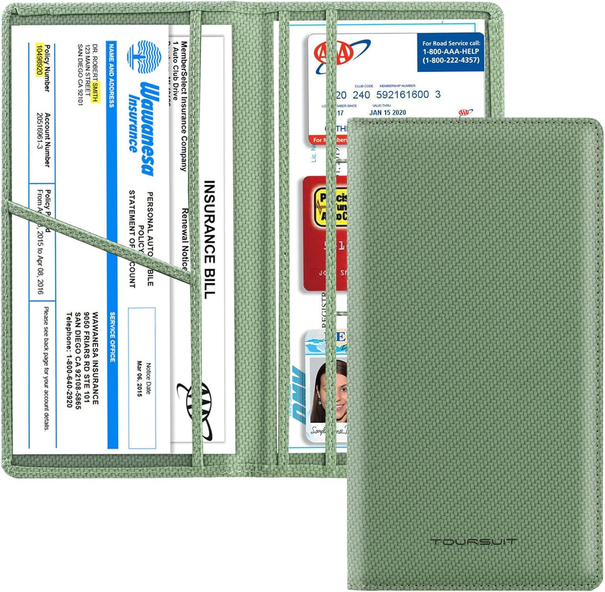 TOURSUIT Car Registration and Insurance Card Holder, Vehicle License Document Glove Box Compartment Organizer, Essential Car Wallet Case for Driver Auto Owners (Carbon Blue)