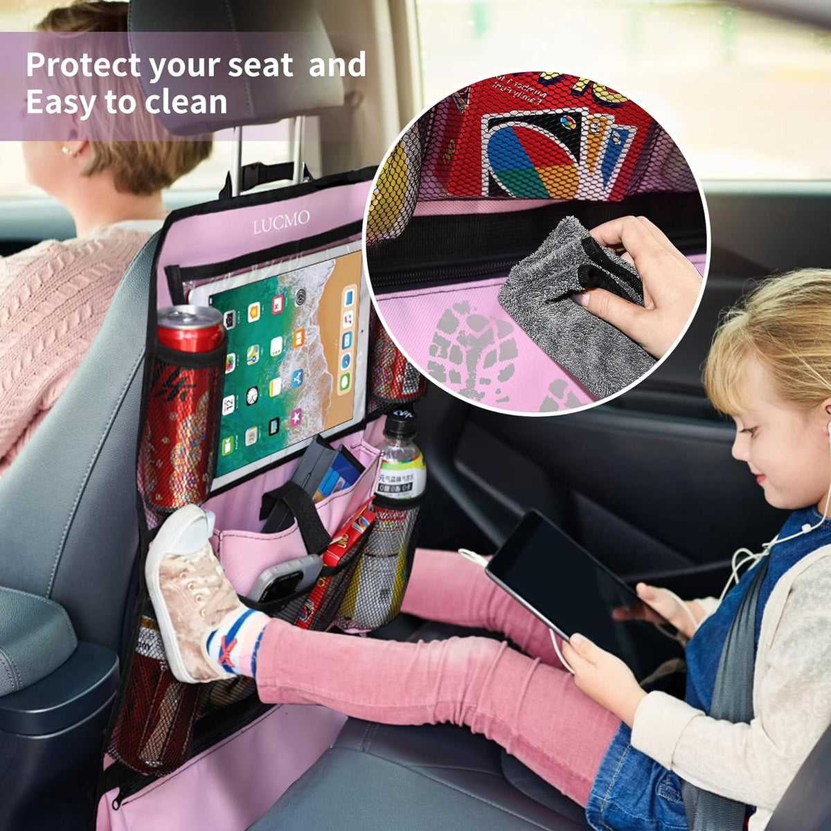 LUCMO Car Backseat Organizer with Tablet Holder,6 Storage Pockets Car Storage Organizer with Foldable Food Tray,Protectors Kick Mats Travel Accessories-Black