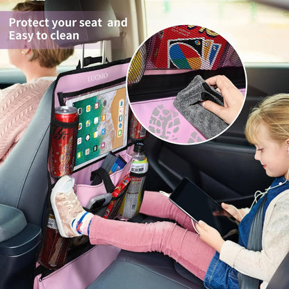 LUCMO Car Backseat Organizer with Tablet Holder,6 Storage Pockets Car Storage Organizer with Foldable Food Tray,Protectors Kick Mats Travel Accessories-Black