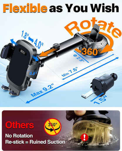 2026 Ultimate Best【True Military-Grade & Safety Cert】Car Phone Holder HTU【Upgraded 360 Rotation & 100+LBS Strongest Suction】5-in-1 Truck Windshield Dashboard Vent Mount Stand for iPhone Android, Black