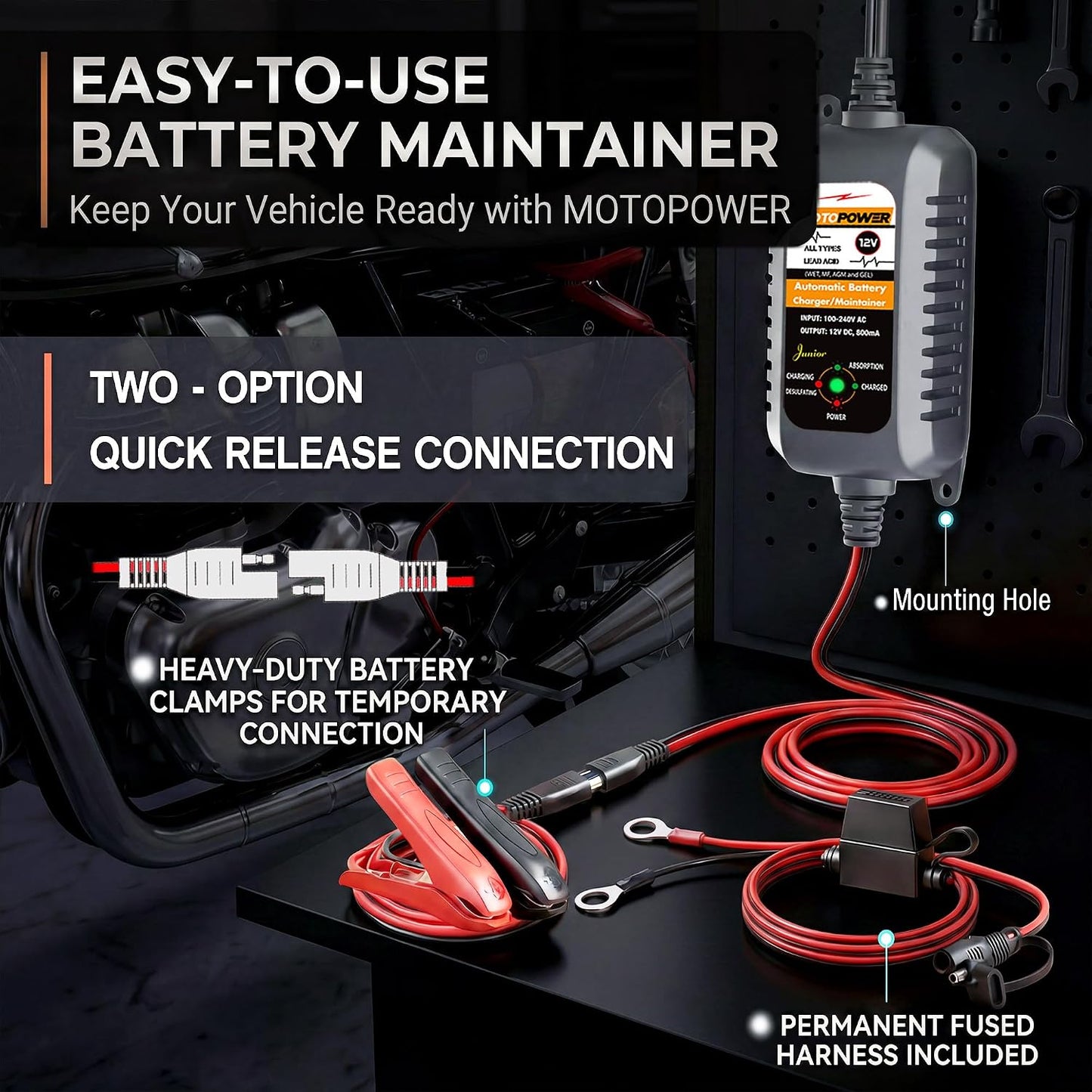 MOTOPOWER MP00205A 12V 800mA Automatic Battery Charger, Maintainer, Trickle and Desulfator