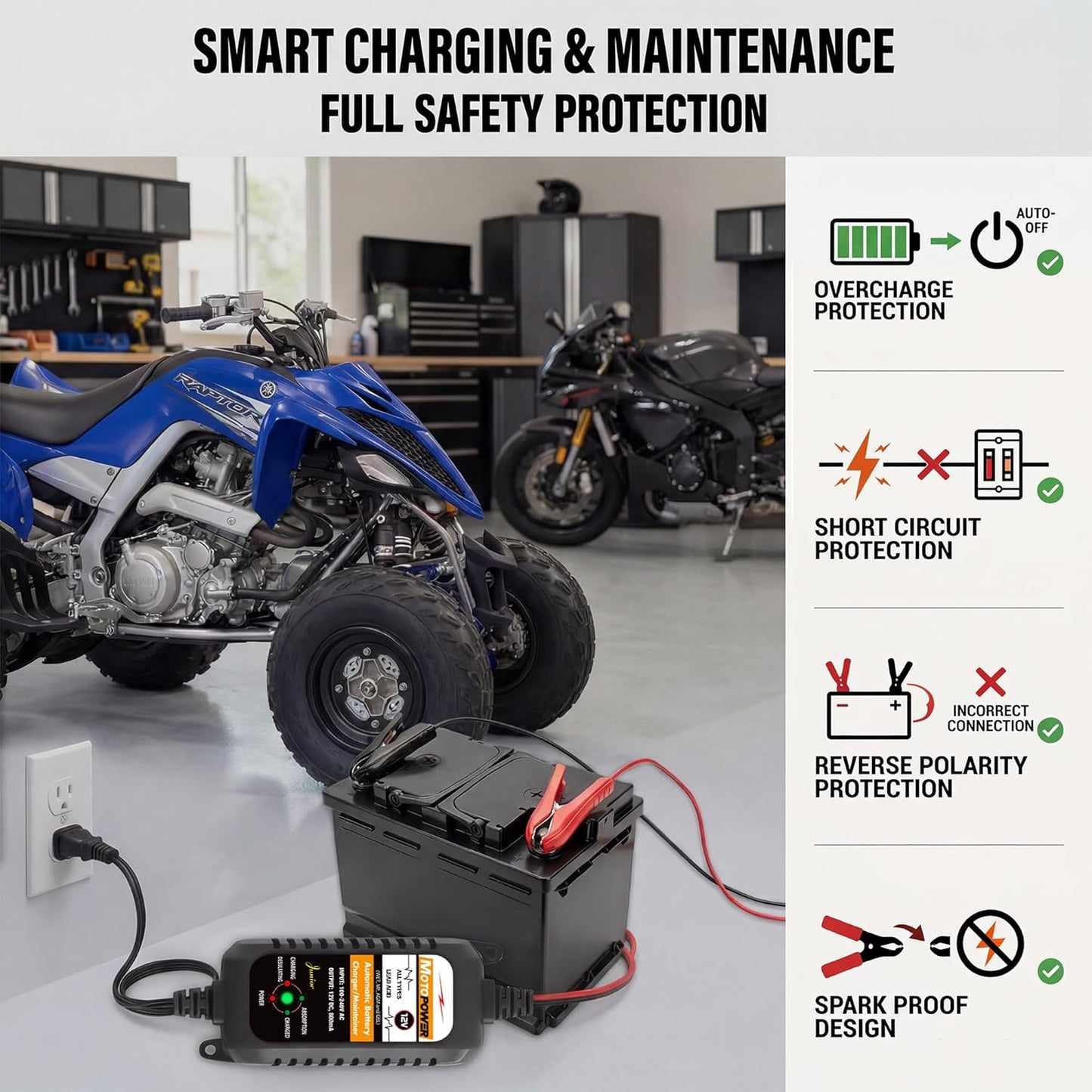MOTOPOWER MP00205A 12V 800mA Automatic Battery Charger, Maintainer, Trickle and Desulfator