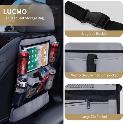 LUCMO Car Backseat Organizer with Tablet Holder,6 Storage Pockets Car Storage Organizer with Foldable Food Tray,Protectors Kick Mats Travel Accessories-Black