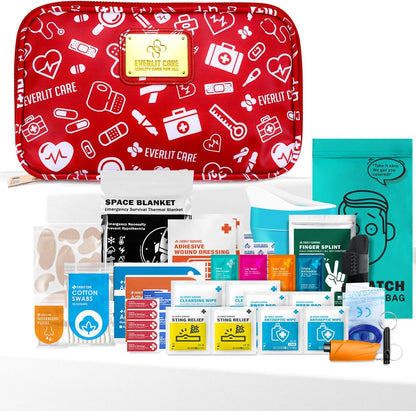 EVERLIT CARE Car First Aid Kit with Emergency Supplies Survival Gear Including Window Breaker Disposable Urine Bag Mountable Survival Kit for Family Travel in Car (Pink)