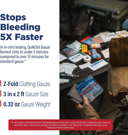 Adventure Medical Kits QuikClot Advanced Clotting Gauze - Stops Bleeding Up to 5X Faster Than Standard Gauze - Kaolin Hemostatic Dressing - for First Aid Kits & Survival Gear - 3 x 24
