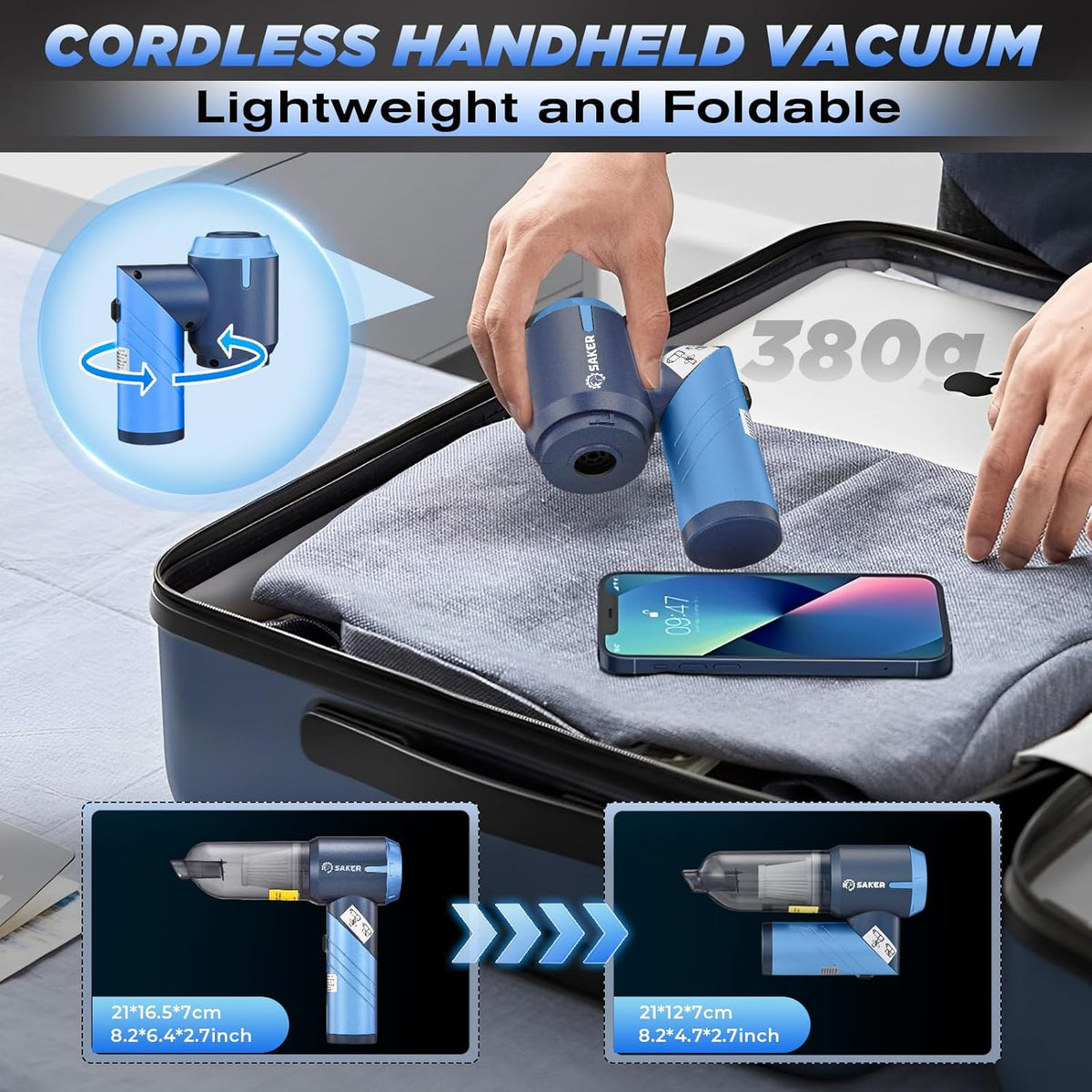 Saker Handheld Car Vacuum Portable Cordless17000PA Mini Air Duster Blower Rechargeable Foldable Vacuum Cleaner with Brushless Motor for Home, Office Pet HL132 Black