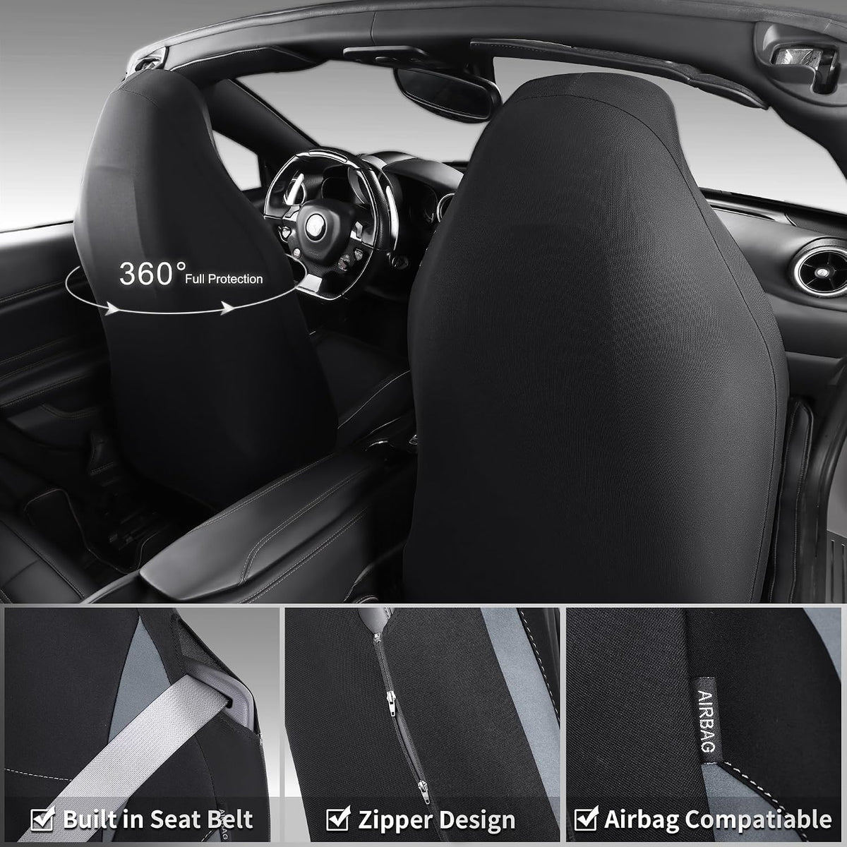 CAR PASS Waterproof Car Seat Covers Front Seats Only with 5mm Composite EVA, Neoprene Car Seat Cover with Separate Headrest Cover, Quick Setup Universal Fit for Car SUV Trucks,Airbag Compatible（Gray