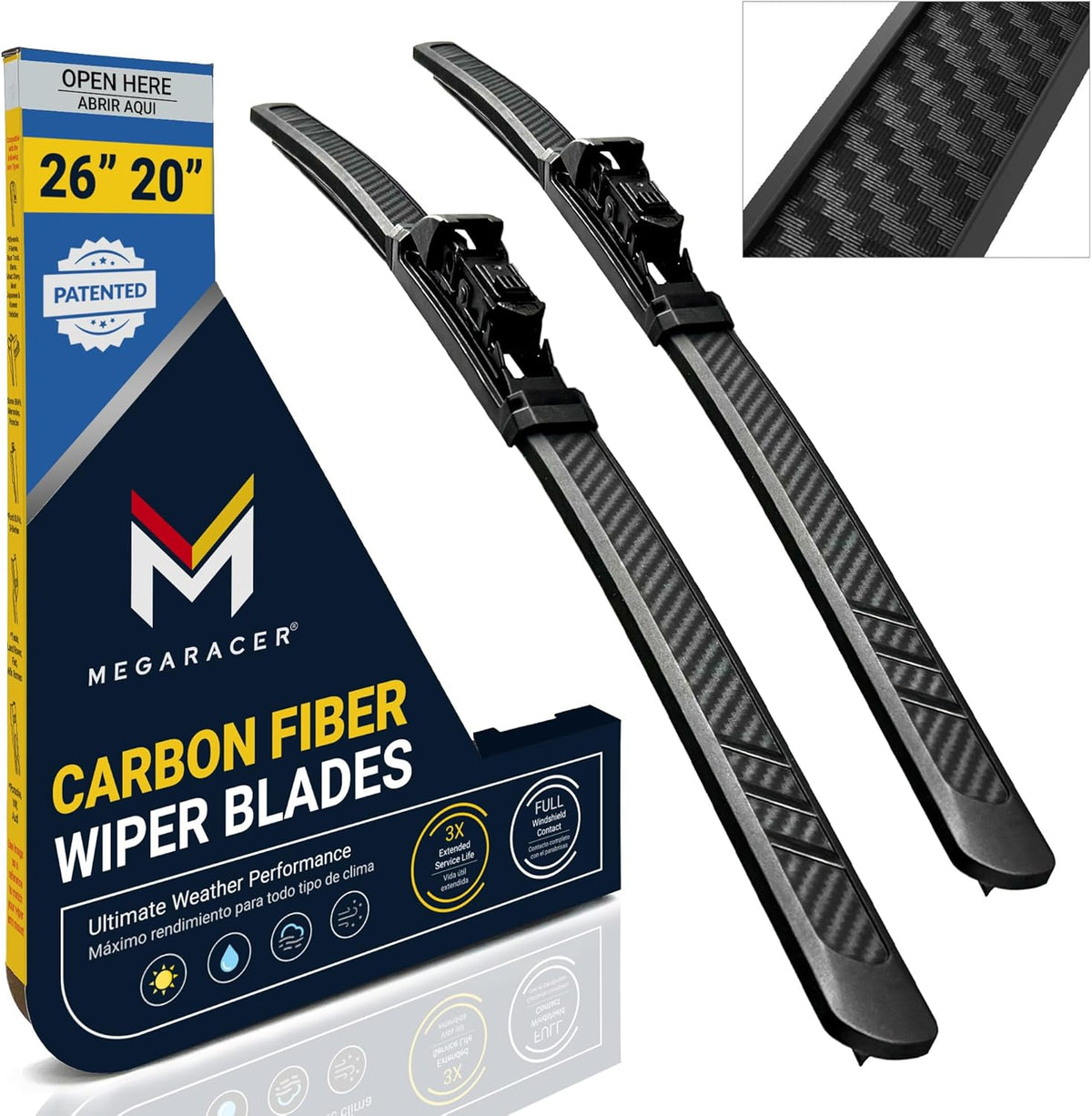 Premium Silicone Carbon Fiber Windshield Wiper Blades 22" & 20" - Patented All-Season, Quiet & Smooth Streak-Free Clean Wipe, OEM Quality, Front Automotive Replacement Wipers for Car & Truck (2 Pack)