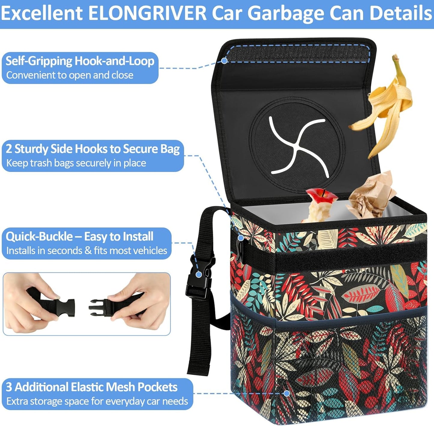 ELONGRIVER Car Trash Can Bin for Back Seat Leak Proof, Cute Car Trash Bag Hanging, Vehicle Trash Can for SUV Truck Van, Automotive Garbage Cans Front Seat Black