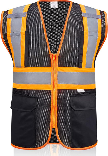 High Visibility Reflective Safety Vest with Zipper and Pockets Orange,M