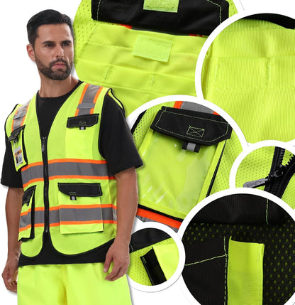 JKSafety Hi Vis Reflective Safety Vests for Men Women High Visibility Vest with Pockets Mesh Fabric Construction Safety Apparel Neon Vest for Work (220-Black L)