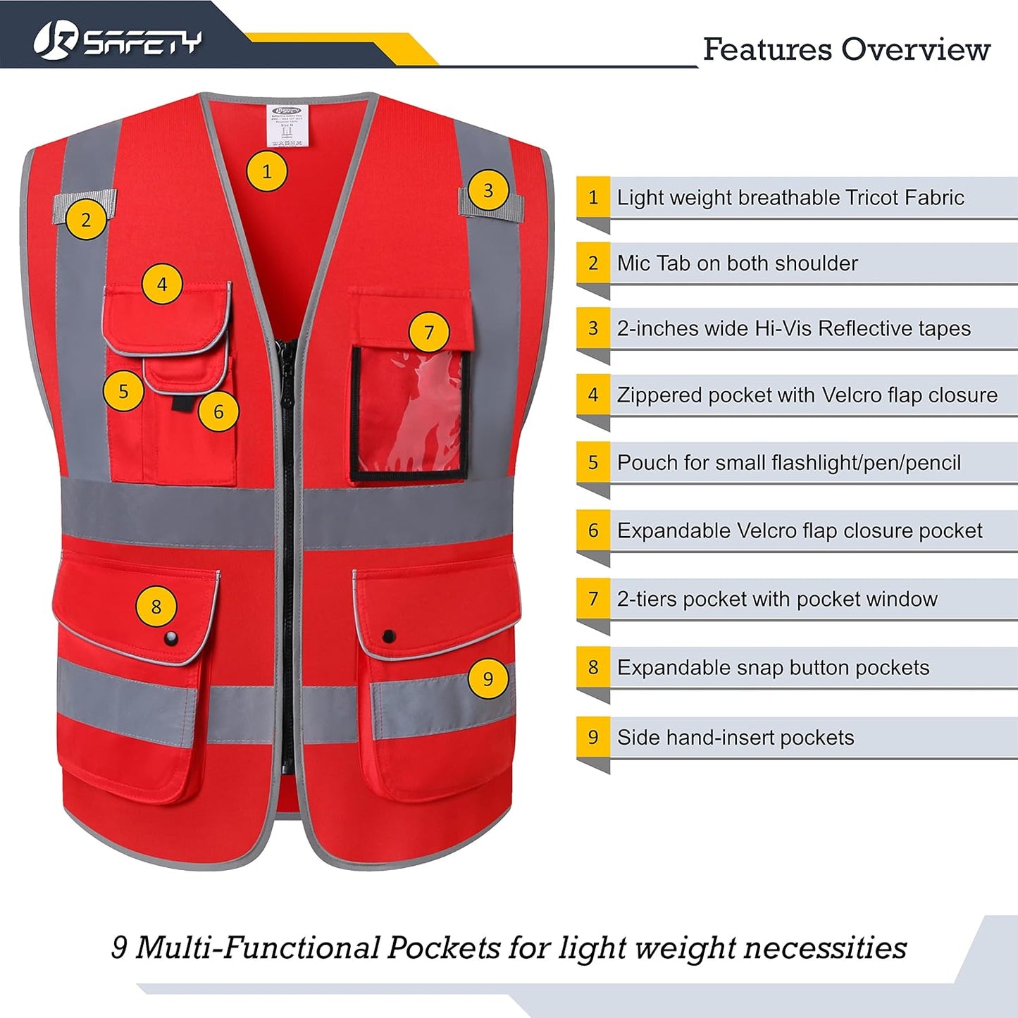 JKSafety 9 Pockets Class 2 High Visibility Zipper Front Safety Vest With Reflective Strips,Meets ANSI/ISEA Standard (Large, 150-Yellow) - Colors A