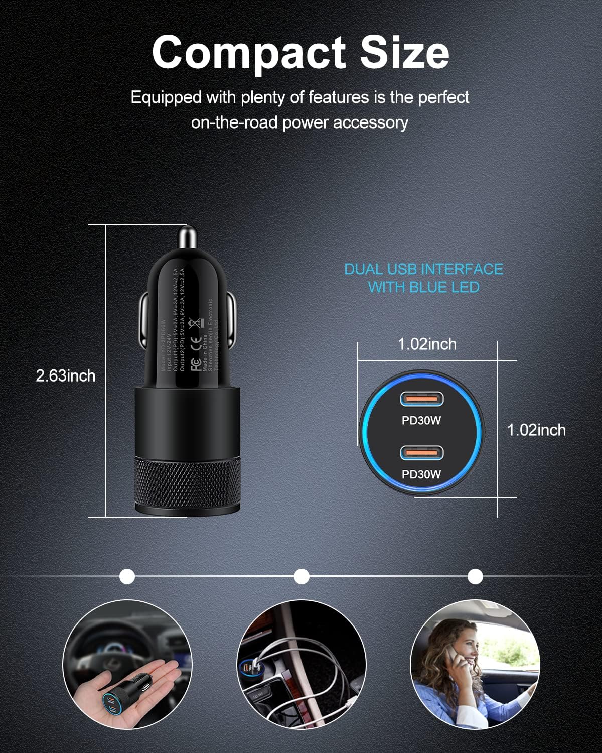 60W USB C Car Charger, 2Pack USB C Cigarette Lighter Adapter Fast Charging | Dual Port PD3.0 Type C Car Charger Plug Compatible with iPhone 17 16 15 14 Pro Max Samsung Galaxy S26/S25/S24 Pixel 10 9Pro