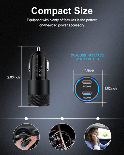 60W USB C Car Charger, 2Pack USB C Cigarette Lighter Adapter Fast Charging | Dual Port PD3.0 Type C Car Charger Plug Compatible with iPhone 17 16 15 14 Pro Max Samsung Galaxy S26/S25/S24 Pixel 10 9Pro