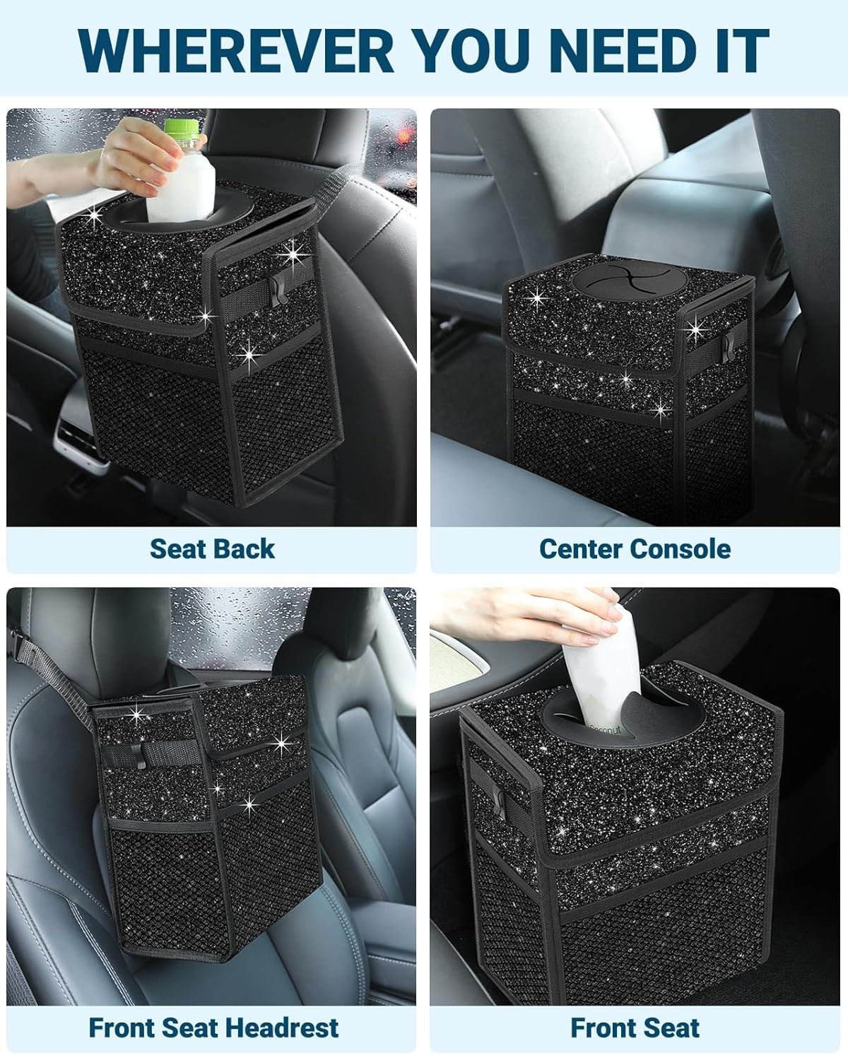 Capolo Car Trash Can with Lid, Leakproof Car Trash Bag Hanging Waterproof Automotive Garbage Can with Storage Pockets Mini Vehicle Trash Bin for Back/Front Seat(Black,2.5 Gallon)