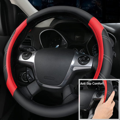 CAR PASS Air Mesh Leather Car Seat Covers Full Set, Waterproof Car Floor Mats, Sporty Steering Wheel Cover 14.5-15in, Universal Fits for 95% Cars Truck SUV (Black and Blue)