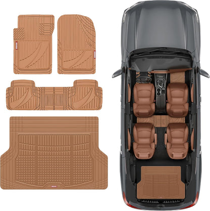 Motor Trend FlexTough Advanced Heavy Duty Beige Rubber Car Floor Mats & Cargo Liner for SUV & Car Full Set - Universal Trim to Fit All Weather Automotive Floor Mat & Cargo Liners for SUV, Car, & Van