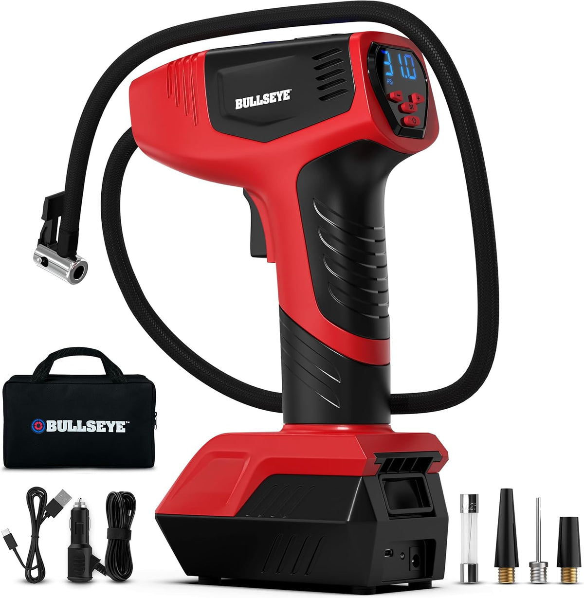 BULLSEYE PRO Tire Inflator with Pressure Gauge, Compact and Portable, Automatic Shut Off, 150 PSI Max, USB Home Rechargeable and Cord for Vehicular Use As Seen On TV (9475)