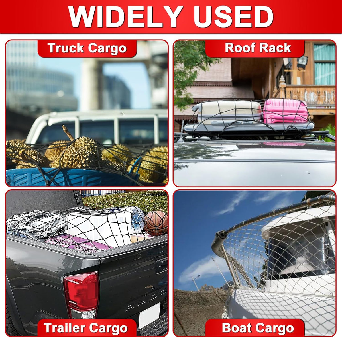 Cargo Net 4' x6' Stretches to 8' x 12' Truck Cargo Net for Pickup Truck Bed- Small 4"x4" Mesh Grid Super Duty Bungee Heavy Duty Bed Netting with 12 Adjustable Metal Carabiners by Cenipar