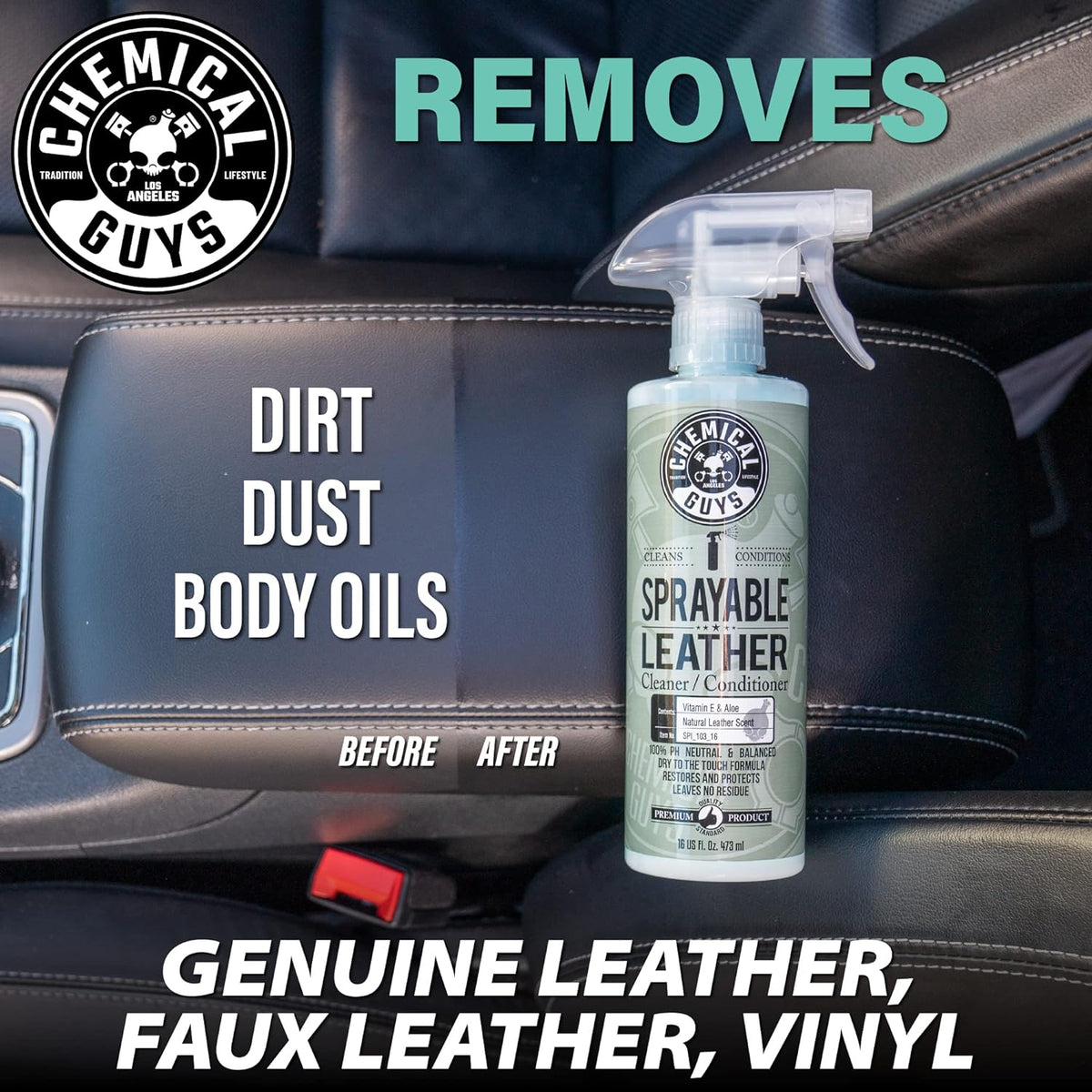Chemical Guys Sprayable Leather Cleaner and Conditioner in One - Cleans, Conditions, and Protects Leather, Vinyl, Faux & More, Safe for Cars, Furniture & Apparel - 16 oz