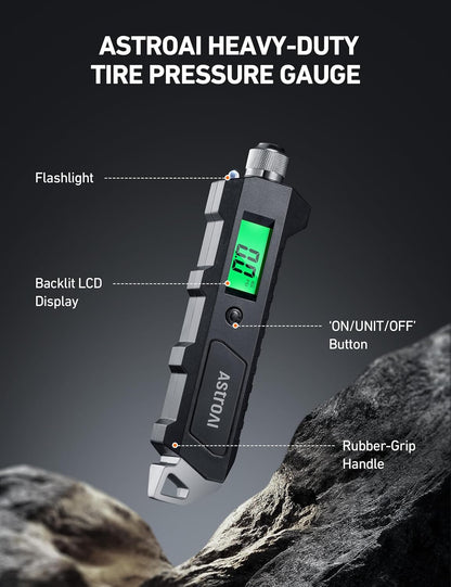 AstroAI Heavy Duty Digital Tire Pressure Gauge 0-230 PSI Calibrated to ANSI B40.7 Grade 2A (0.5%) with Backlit LCD & Flashlight, Stainless Steel for Truck RV Car Motorcycle Bike