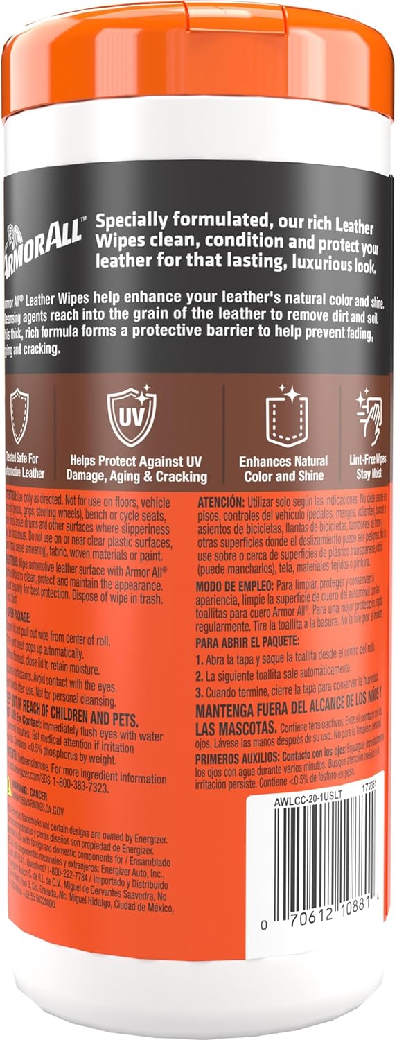 Armor All Car Interior Cleaner Leather Wipes - Cleaning for Cars & Truck & Motorcycle, 20 Count (Pack of 6), 10881