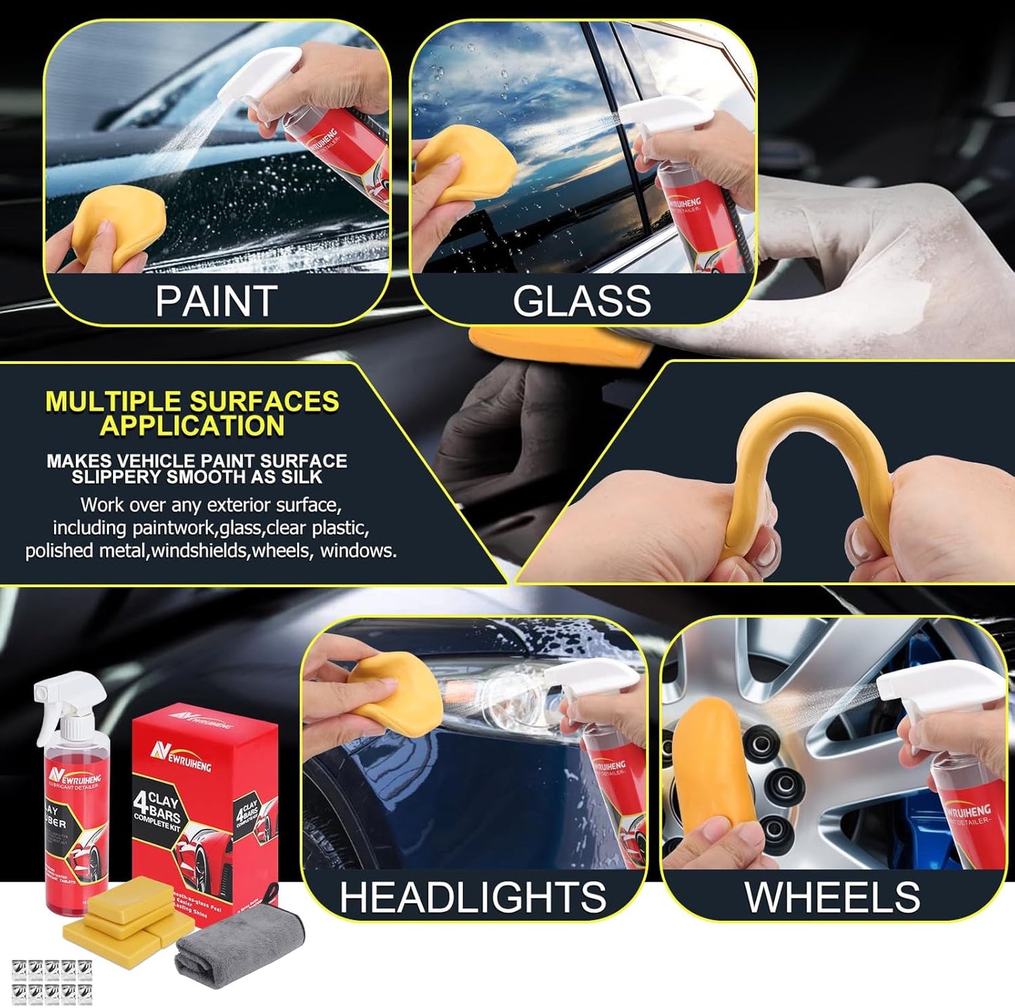 Car Clay Bars Auto Detailing and Clay Synthetic Lubricant Kit with 4 PCS Clay Bars, Clay bar Lubricant Tablets 10 Pack, Spray Bottle and Microfiber Towel for Car Detailing Cleaning