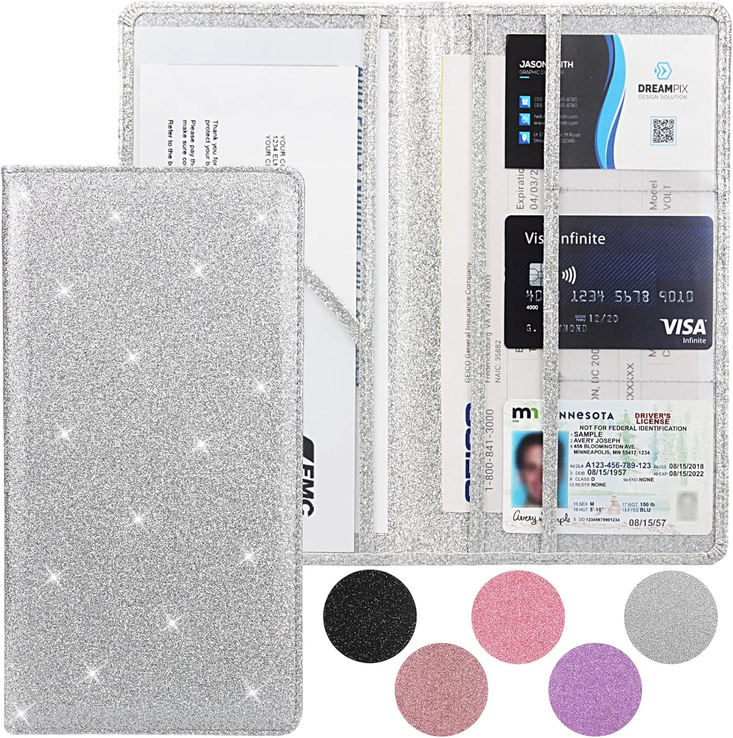 Car Registration and Insurance Holder, Premium Leather Insurance and Registration Holder,vehicle Glove Box Car Organizer, with Magnetic Shut for Cards, Driver License (Glitter Silver)