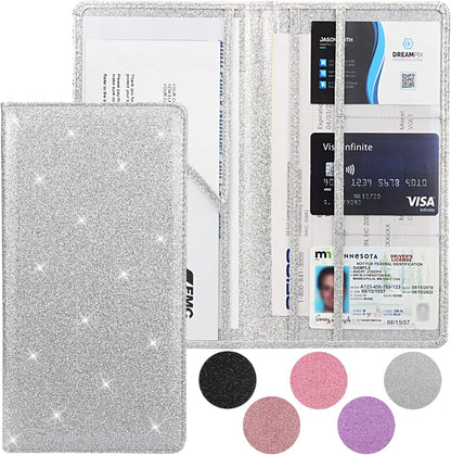 Car Registration and Insurance Holder, Premium Leather Insurance and Registration Holder,vehicle Glove Box Car Organizer, with Magnetic Shut for Cards, Driver License (Glitter Silver)