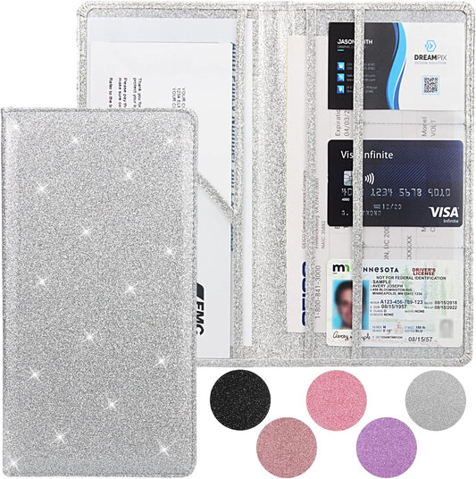 Car Registration and Insurance Holder, Premium Leather Insurance and Registration Holder,vehicle Glove Box Car Organizer, with Magnetic Shut for Cards, Driver License (Glitter Silver)