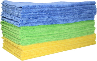 POLYTE Microfiber Cleaning Towel Ultrasonic Cut Edgeless (16x16, 24 Pack, Premium, Blue,Gray,Yellow)
