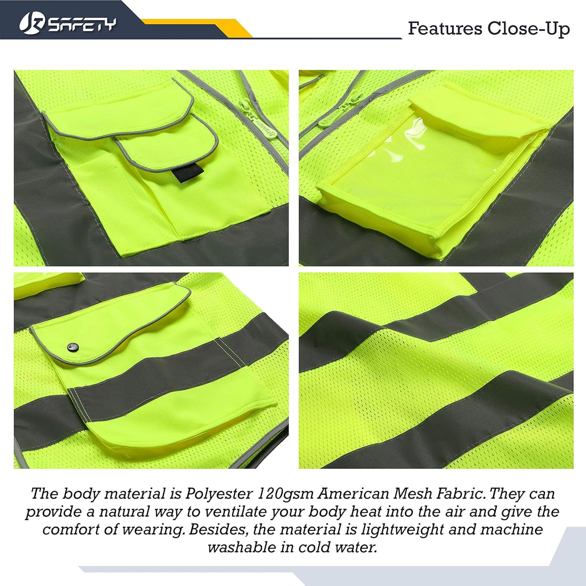 JKSafety 9 Pockets Class 2 High Visibility Zipper Front Safety Vest With Reflective Strips,Meets ANSI/ISEA Standard (Large, 150-Yellow) - Colors A