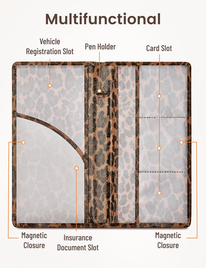 Yarnic Leopard Car Registration and Insurance Holder, Car Document Holder with Magnetic Closure, Car Organizer Vehicle Glove Box Compartment Organizer, Car wallet Case for Teens Men Women