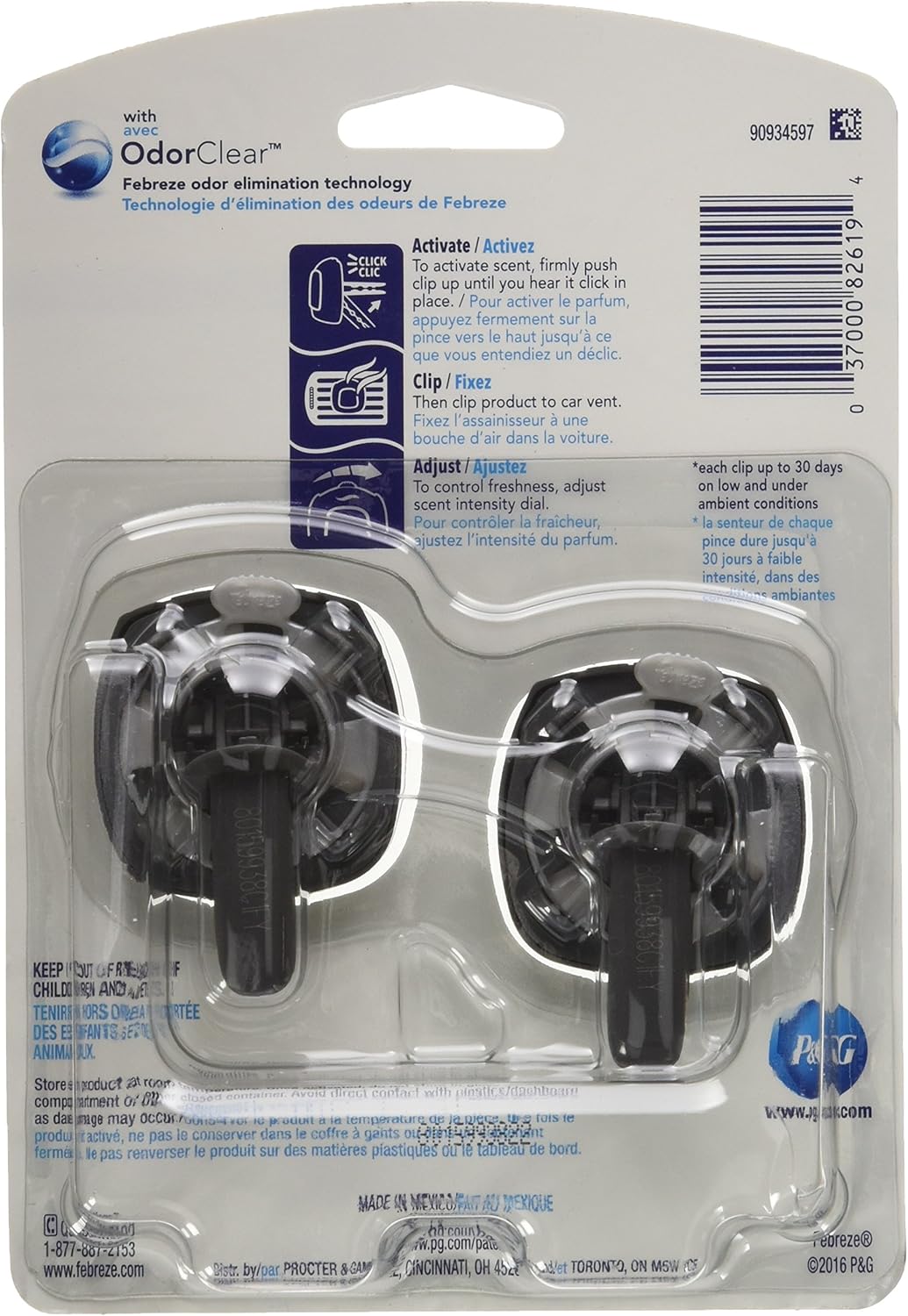 Febreze Car Air Freshener Vent Clip Platinum Ice Scent, .07 oz. Car Vent Clip, Pack of 4