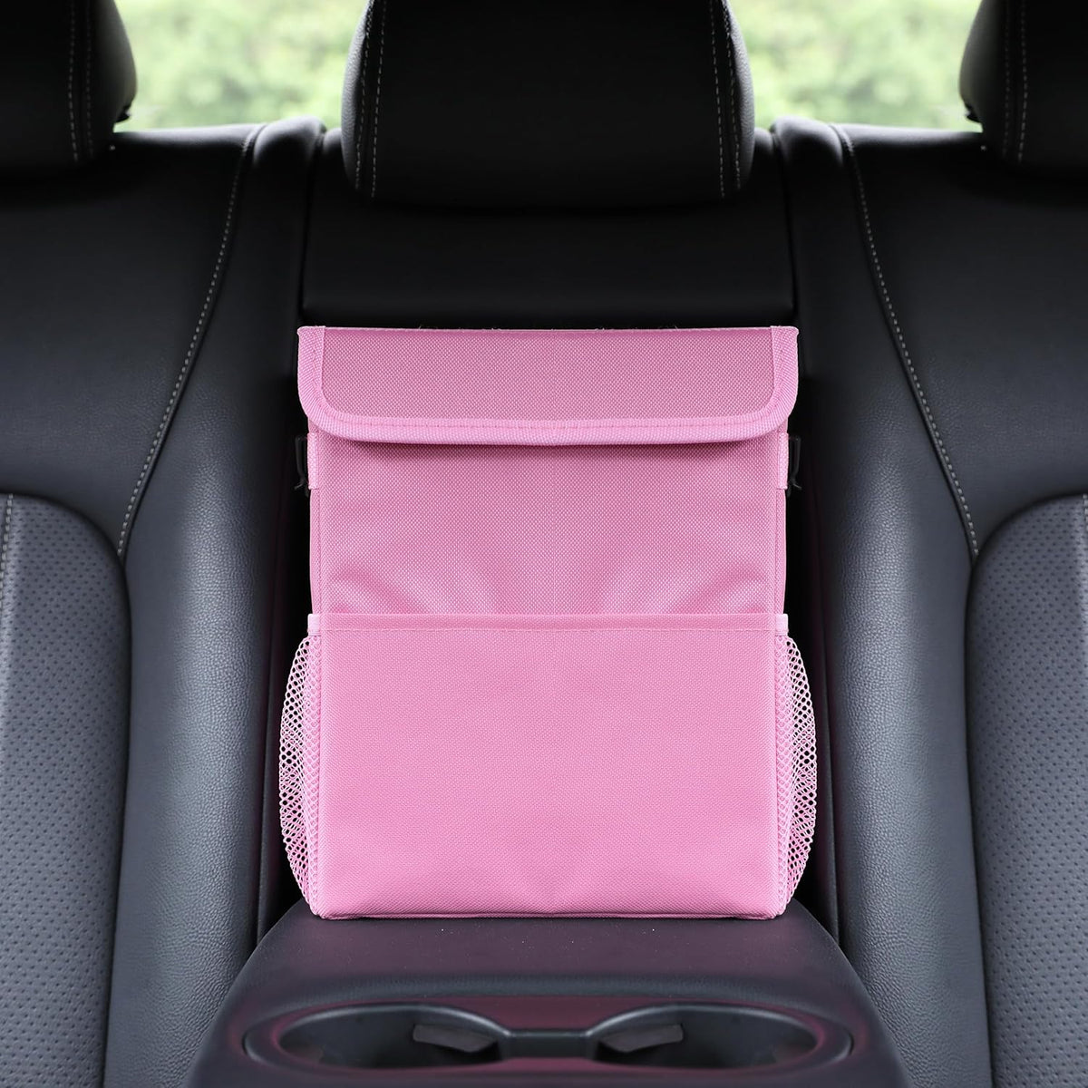AOKJOY Car Garbage can with lid Leak Proof Vehicle Trash Can 3 Storage Pockets Hanging Waterproof car Trash Bag for SUV Beige