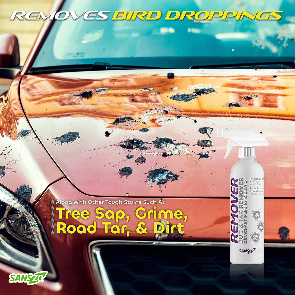SansZo Bug and Tar Remover - Powerful and Fast-Acting All Purpose Exterior Cleaner & Degreaser - Streak Free Car Detailing Without Scratching, 24 OZ, 2 Pack