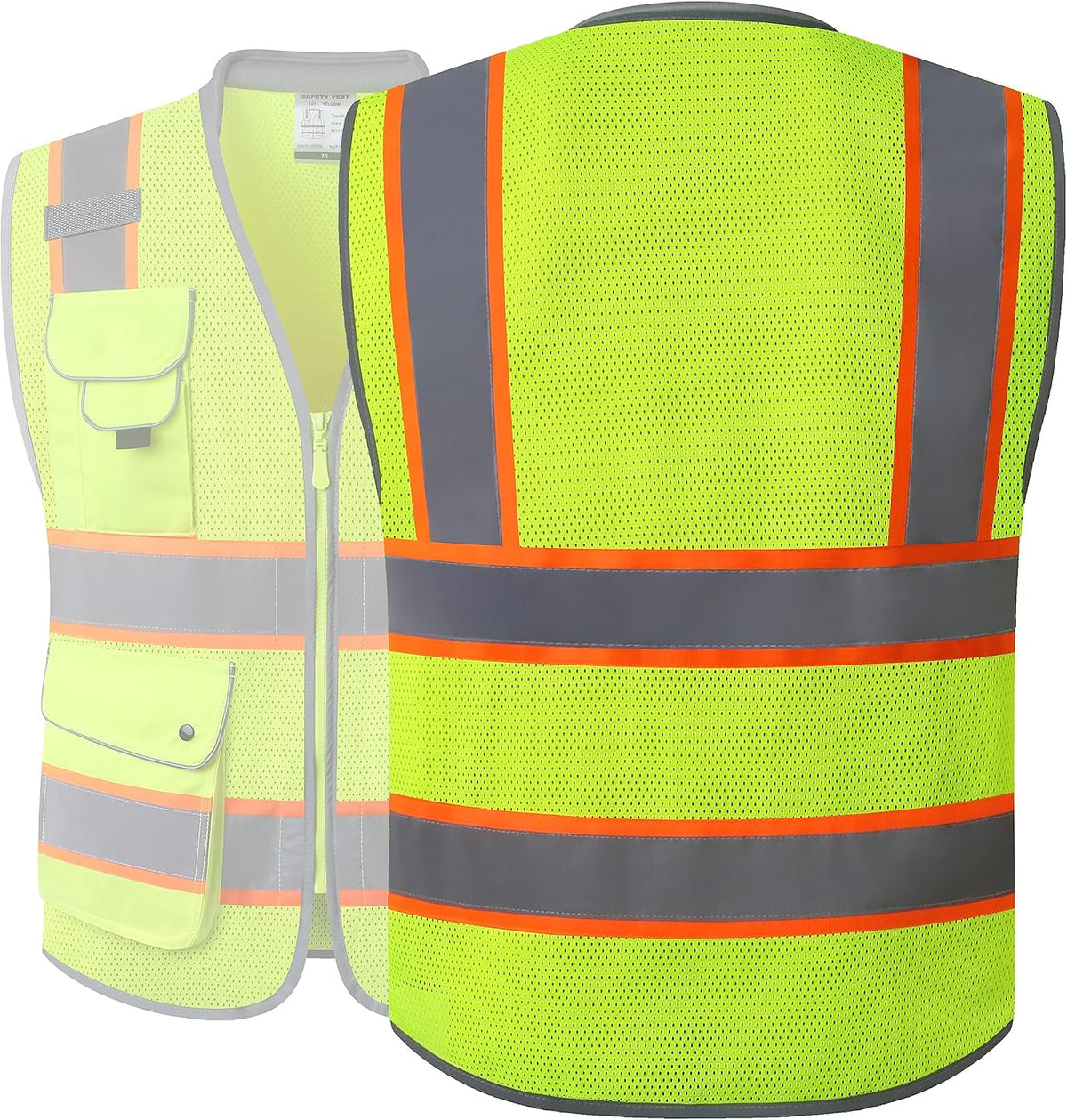 JKSafety 9 Pockets Class 2 High Visibility Zipper Front Safety Vest With Reflective Strips,Meets ANSI/ISEA Standard (Large, 150-Yellow) - Colors A