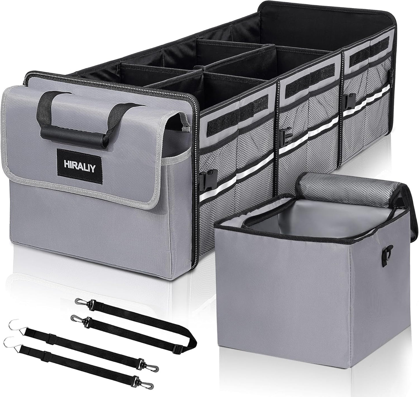 HIRALIY 4 in 1 Car Trunk Storage Organizer with Leakproof Cooler Bag, Multi-Compartment Foldable Trunk Storage Box for Car Truck SUV Black