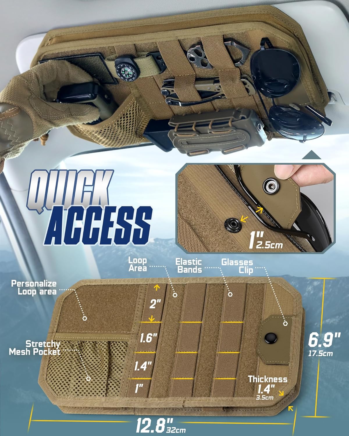 WYNEX Molle Car Sun Visor Organizer, Car Accessories with Zip Storage Pouch & Glasses Holder, Semi-Rigid Molle Panel with Patch for Tactical Gears, Fits Most Cars, Trucks, Pickups, Patrols