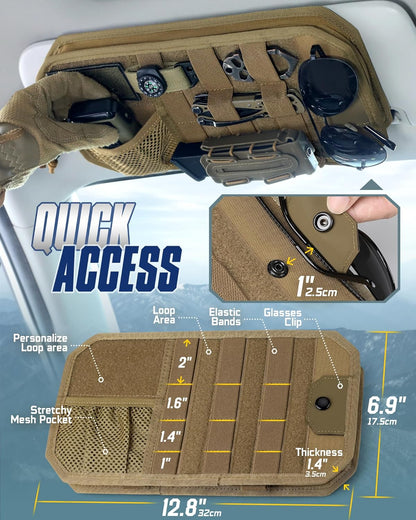 WYNEX Molle Car Sun Visor Organizer, Car Accessories with Zip Storage Pouch & Glasses Holder, Semi-Rigid Molle Panel with Patch for Tactical Gears, Fits Most Cars, Trucks, Pickups, Patrols