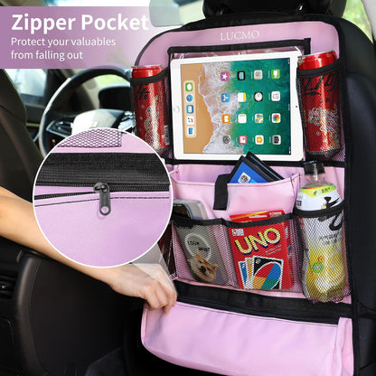 LUCMO Car Backseat Organizer with Tablet Holder,6 Storage Pockets Car Storage Organizer with Foldable Food Tray,Protectors Kick Mats Travel Accessories-Black