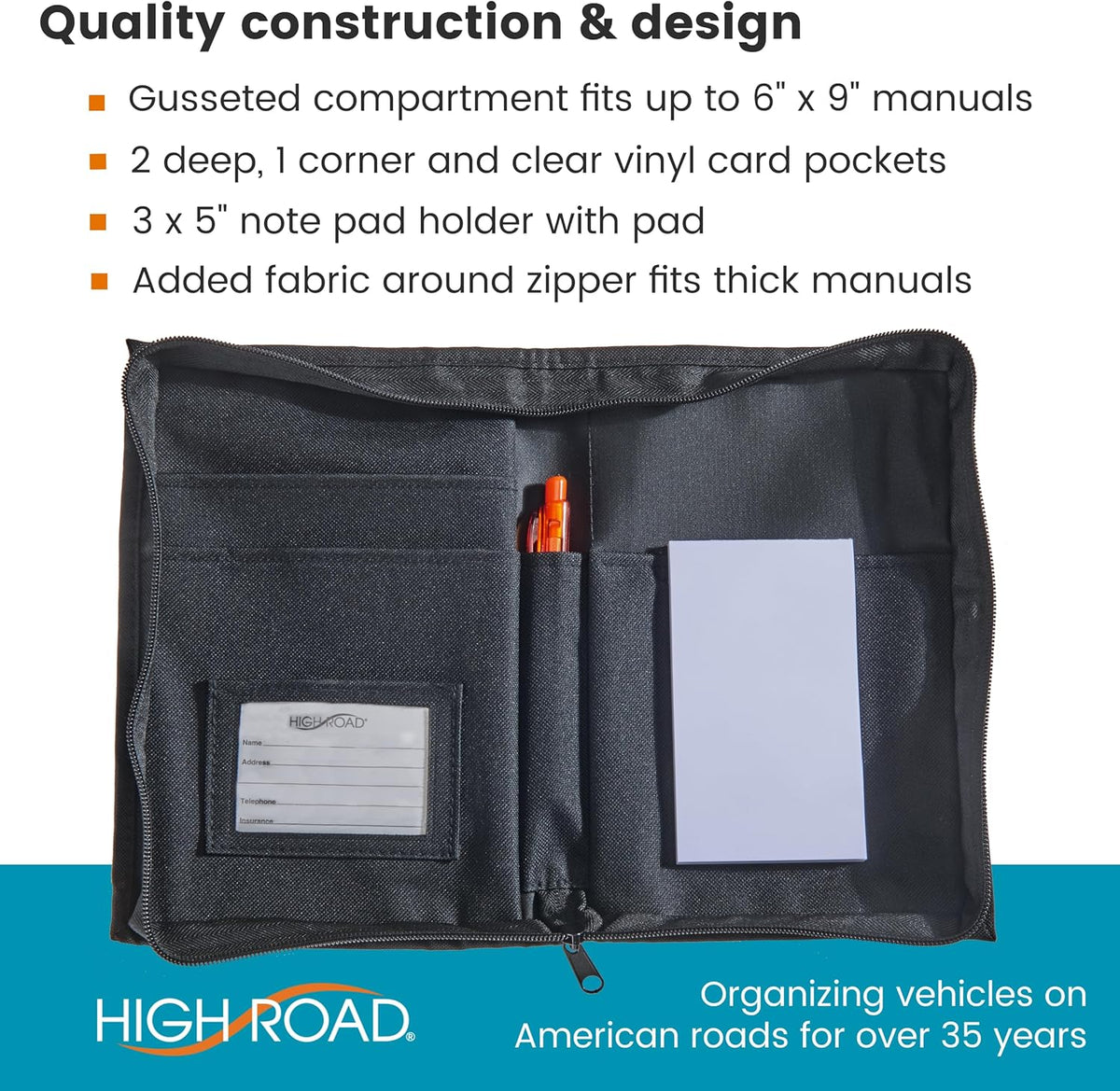High Road Car Glove Box Organizer, Registration and Insurance Document Holder and Car Manual Holder with Flexible Secure Zippered Case and Note Pad