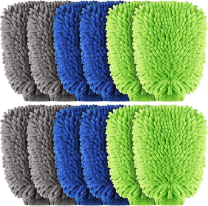 Riakrum 12 Pcs Car Wash Mitts - Chenille Microfiber Mitts Scratch Free Ultra Absorbent Wash Sponge Cloths for Cars, Trucks and Boats - Regular Size, 7.5'' x 10.2''