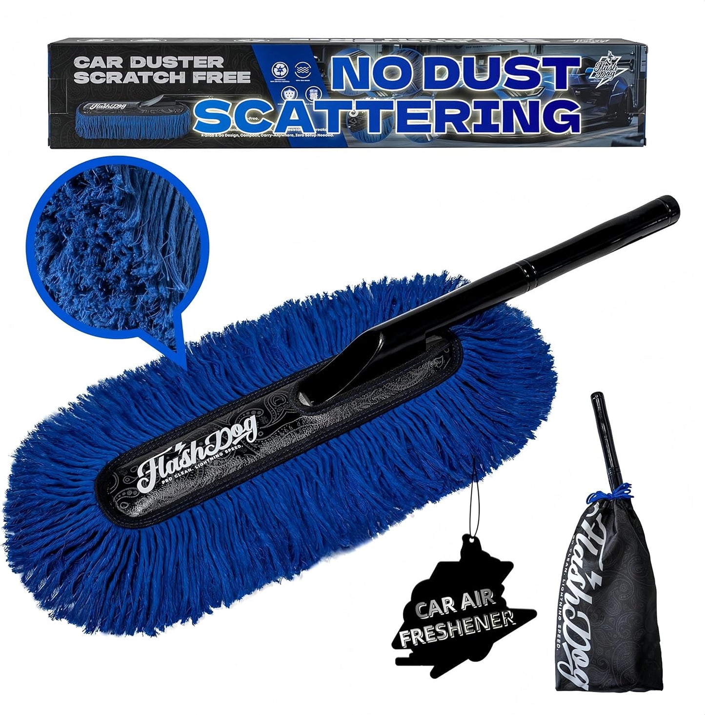 Flash Dog Car Duster Exterior & Interior Duster Aluminum Alloy Extendable Handle and Wax Cotton Strands Scratch-Free Cleaning for Cars, SUVs, RVs | Waterless Dust & Pollen Remover