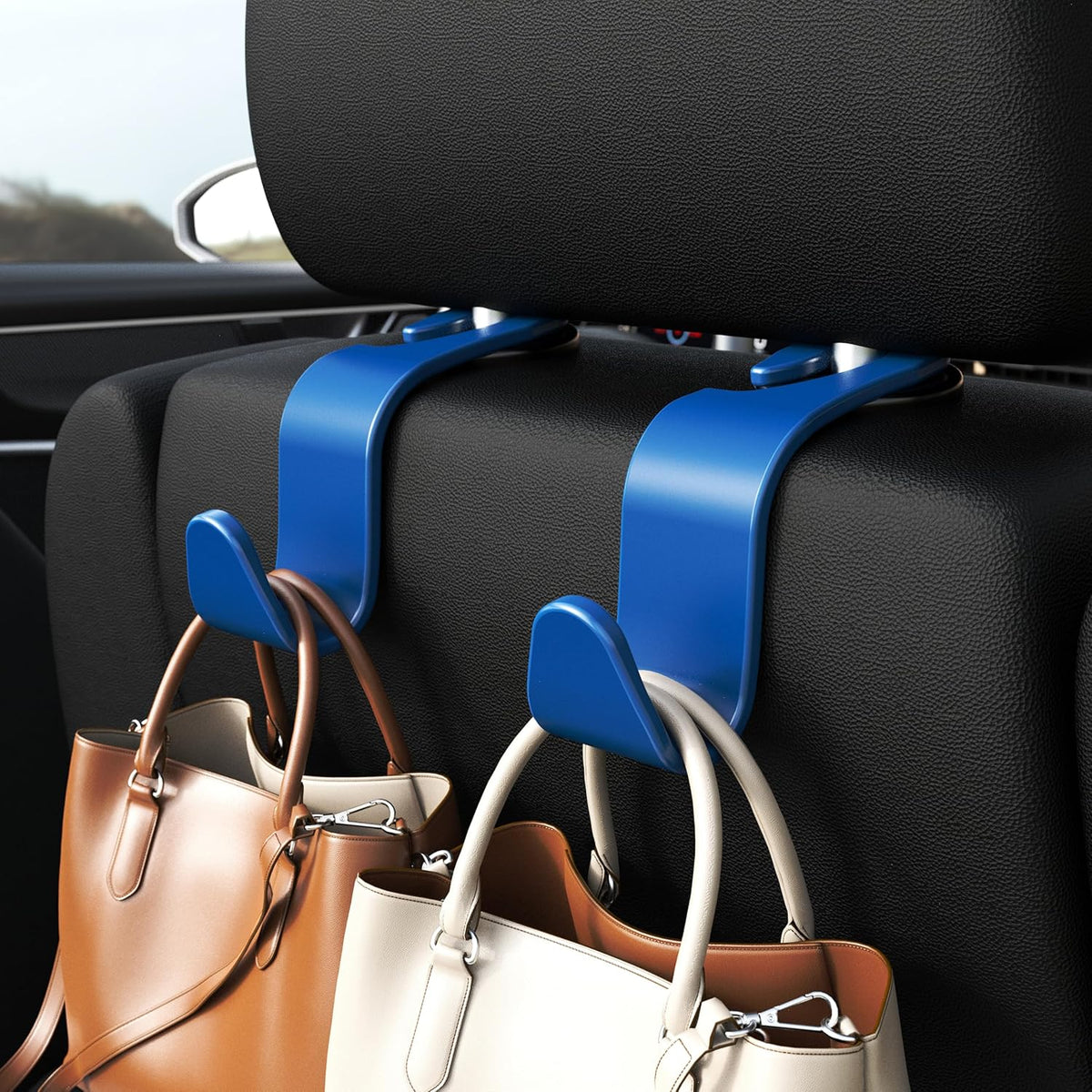 Amooca 4-Pack Car Headrest Hooks Vehicle Storage Organizer for Purses Handbags Groceries Backpack Coats –Holds 55lbs 360° Rotating Black