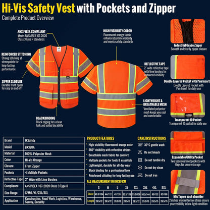 JKSafety Safety Vest for men women Hi Vis Reflective Vest with Pockets and Zipper High Visibility Meet ANSI Standard（BX320