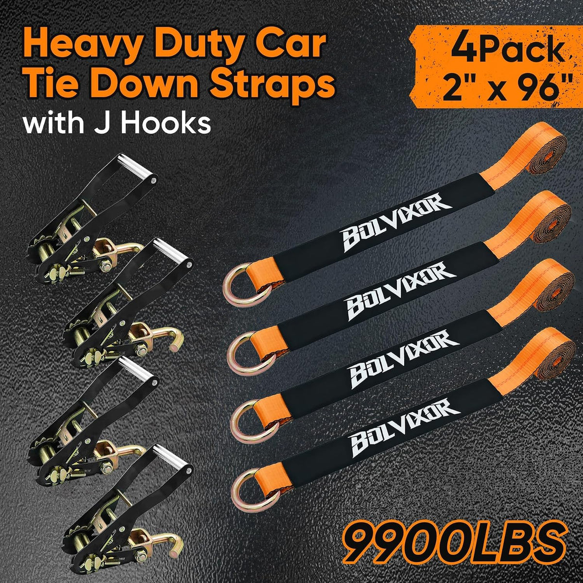 4 Pack Car Tie Down Straps for Trailers 2" x 96" - 9900LBS Break Strength - Tire Ratchet Straps with J Finger Hooks for Hauling UTV, SUV, Truck, Any Cars