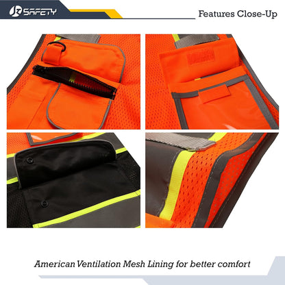 JKSafety 9 Pockets Class 2 High Visibility Zipper Front Safety Vest With Reflective Strips,Meets ANSI/ISEA Standard (Large, 150-Yellow) - Colors A