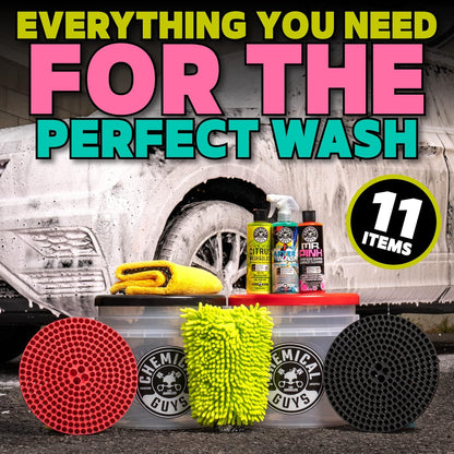 Chemical Guys Two Car Wash Bucket Kit with Dual Dirt Trap Filters, Chenille Wash Mitt, Mr. Pink, Citrus Wash, After Wash, and Drying Towel - 11 Items - Two Bucket Method Complete Setup