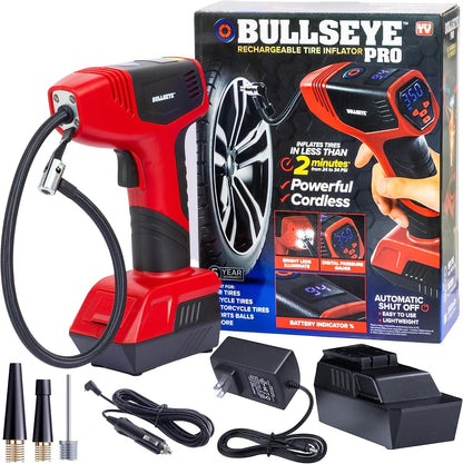 BULLSEYE PRO Tire Inflator with Pressure Gauge, Compact and Portable, Automatic Shut Off, 150 PSI Max, USB Home Rechargeable and Cord for Vehicular Use As Seen On TV (9475)